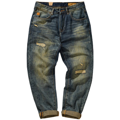 Men's Loose Straight Leg Jeans with Patched Holes and Distressed