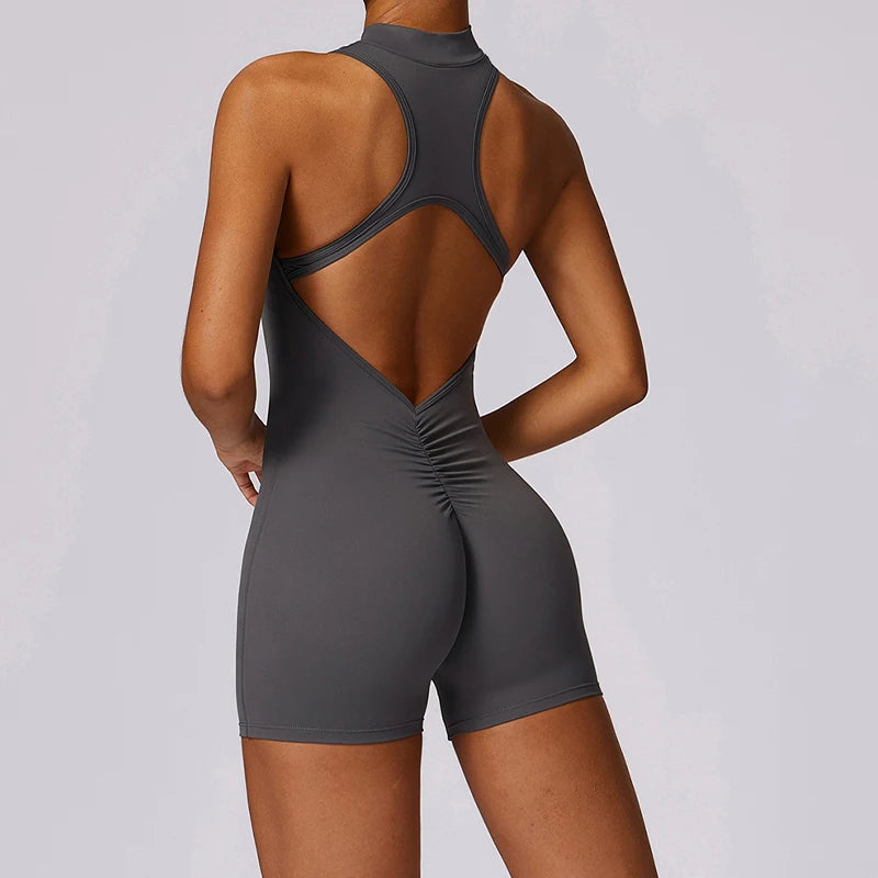 V Back Scrunch Sports Jumpsuit Gym Rompers Zipper Sleeveless