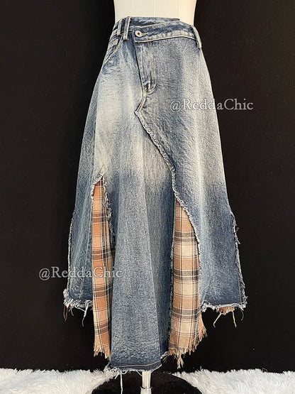 REDDACHiC Irregular Patchwork Plaid Denim Skirt