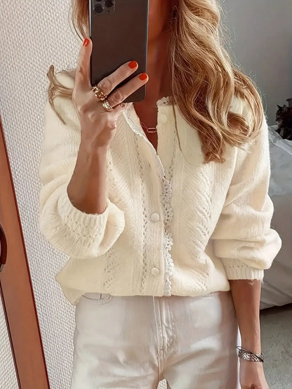 Long Sleeved Lace Patchwork Cardigan Knitted Sweater