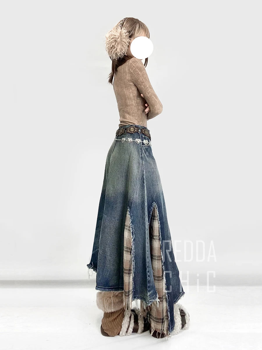 REDDACHiC Irregular Patchwork Plaid Denim Skirt