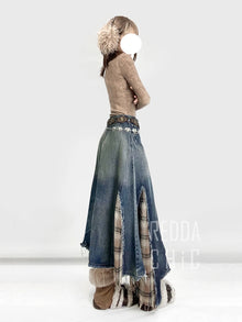 REDDACHiC Irregular Patchwork Plaid Denim Skirt