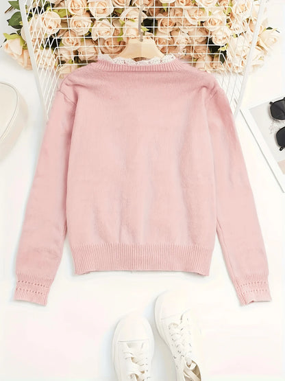 Long Sleeved Lace Patchwork Cardigan Knitted Sweater