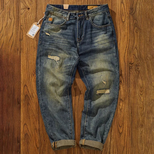 Men's Loose Straight Leg Jeans with Patched Holes and Distressed