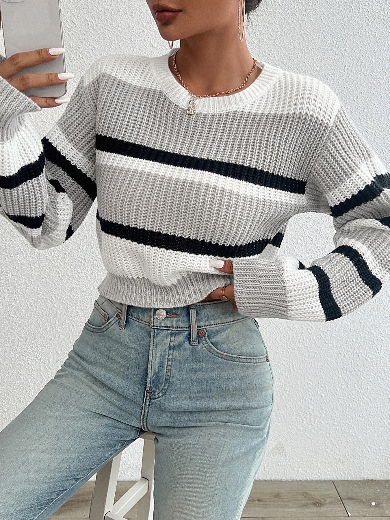 Loose Drop Shoulder Knitted Long Sleeve Sweater