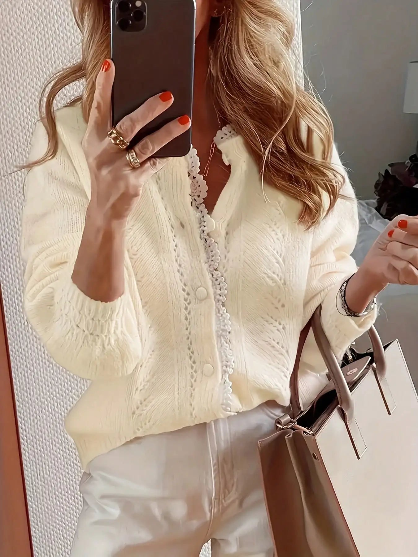 Long Sleeved Lace Patchwork Cardigan Knitted Sweater