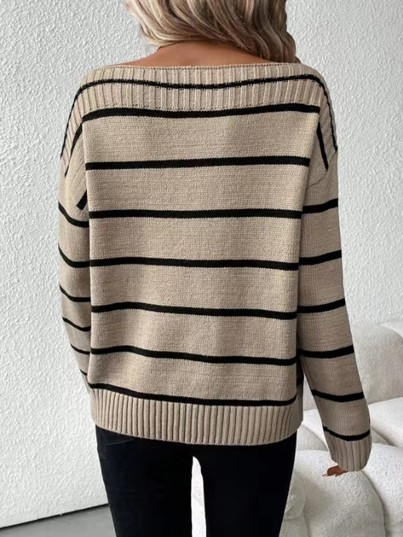 Elegant Off Shoulder Striped Knitted Sweater