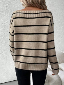 Elegant Off Shoulder Striped Knitted Sweater