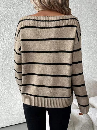 Elegant Off Shoulder Striped Knitted Sweater