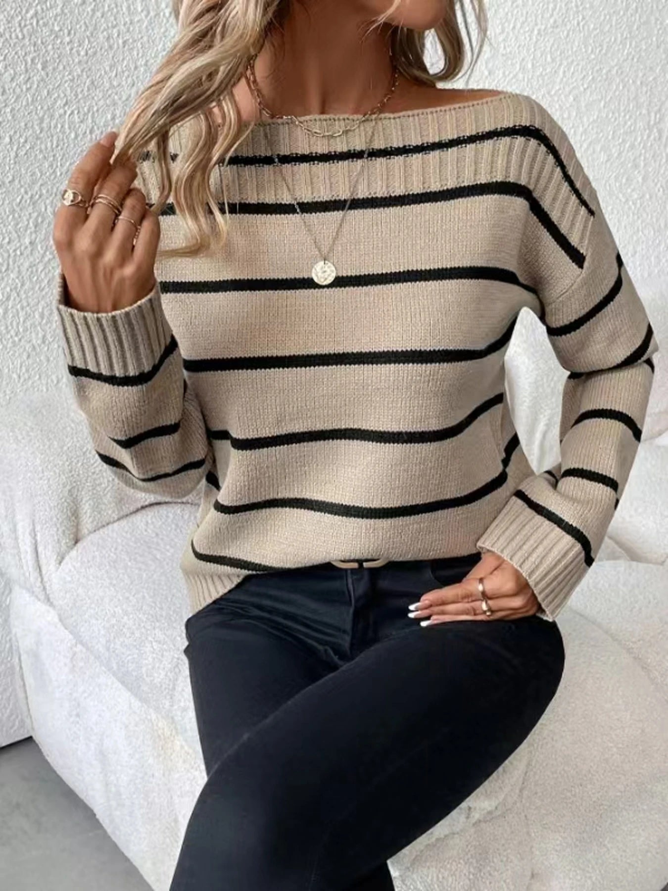 Elegant Off Shoulder Striped Knitted Sweater