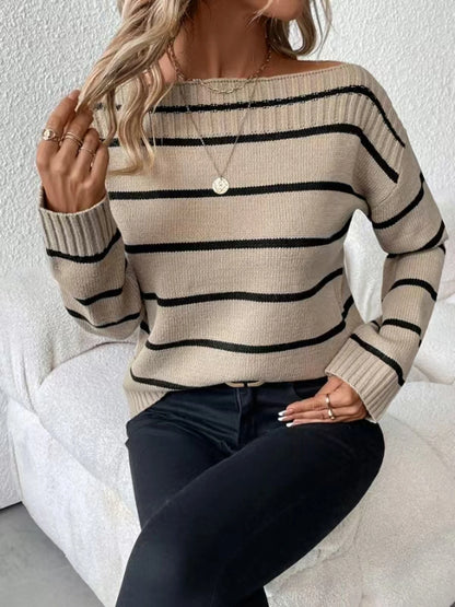 Elegant Off Shoulder Striped Knitted Sweater