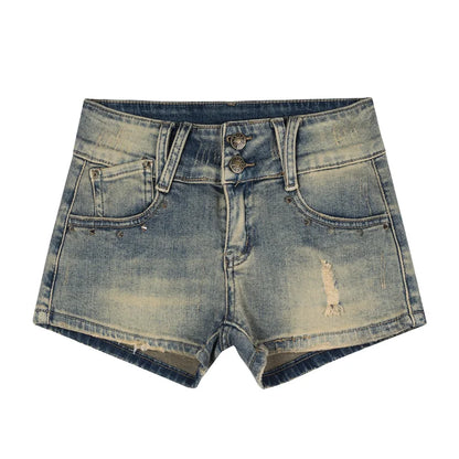 Sexy Blue Vintage Denim Shorts Low Waist Elastic Slim