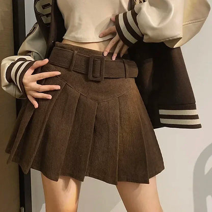 Corduroy Belted Pleated Skirt