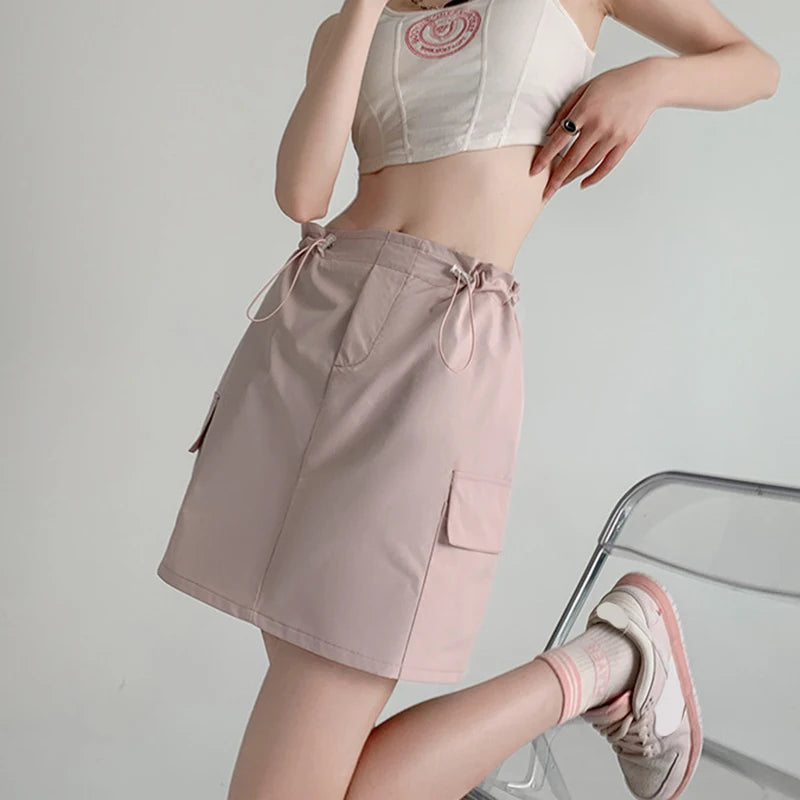 Retro Streetwear Cargo Skirt with High Waist Drawstring Pockets Skirt