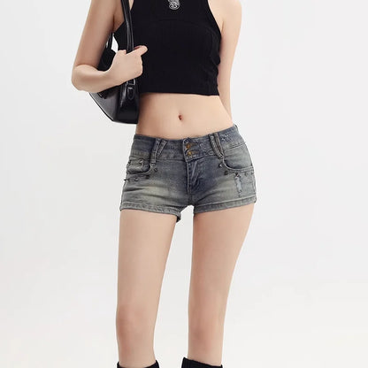 Sexy Blue Vintage Denim Shorts Low Waist Elastic Slim