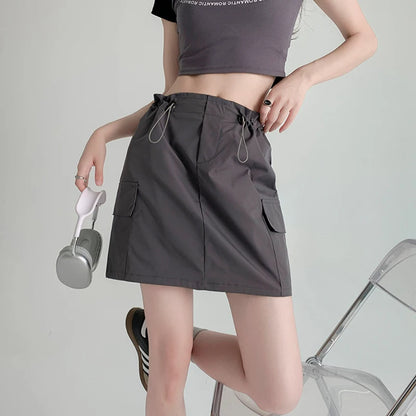 Retro Streetwear Cargo Skirt with High Waist Drawstring Pockets Skirt