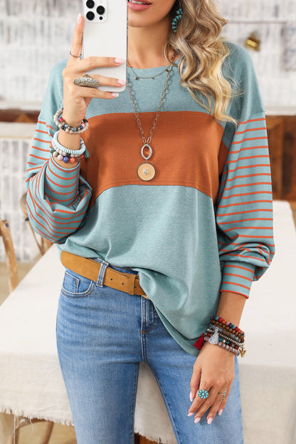 Peach Blossom Colorblock Striped Bishop Sleeve Top