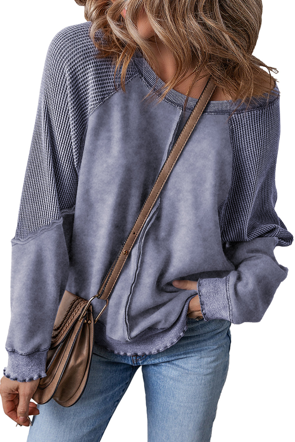 Waffle Patchwork Raglan Sleeve Exposed Seam Sweatshirt