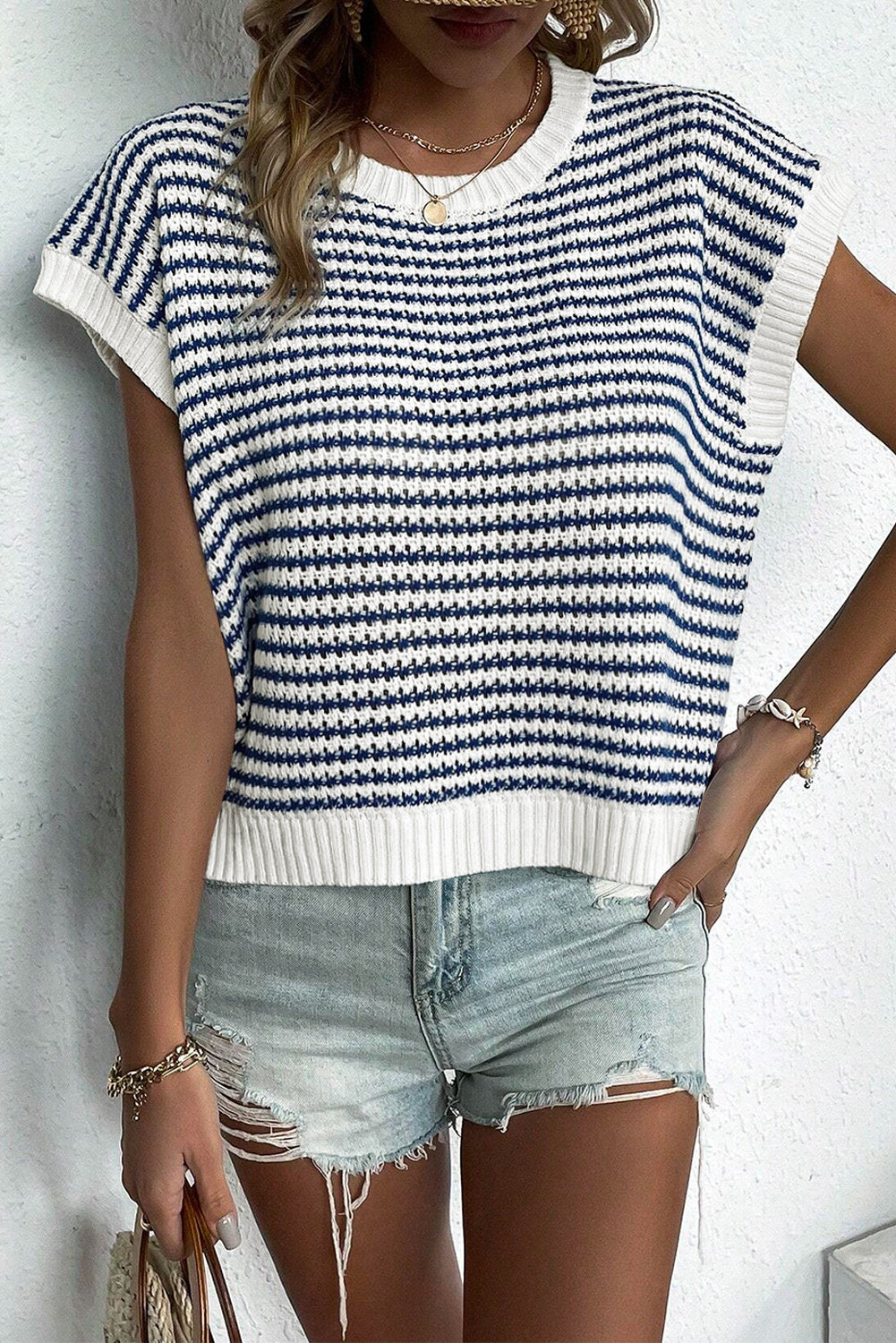 Blue Stripe Contrast Trim Knit Dolman Top