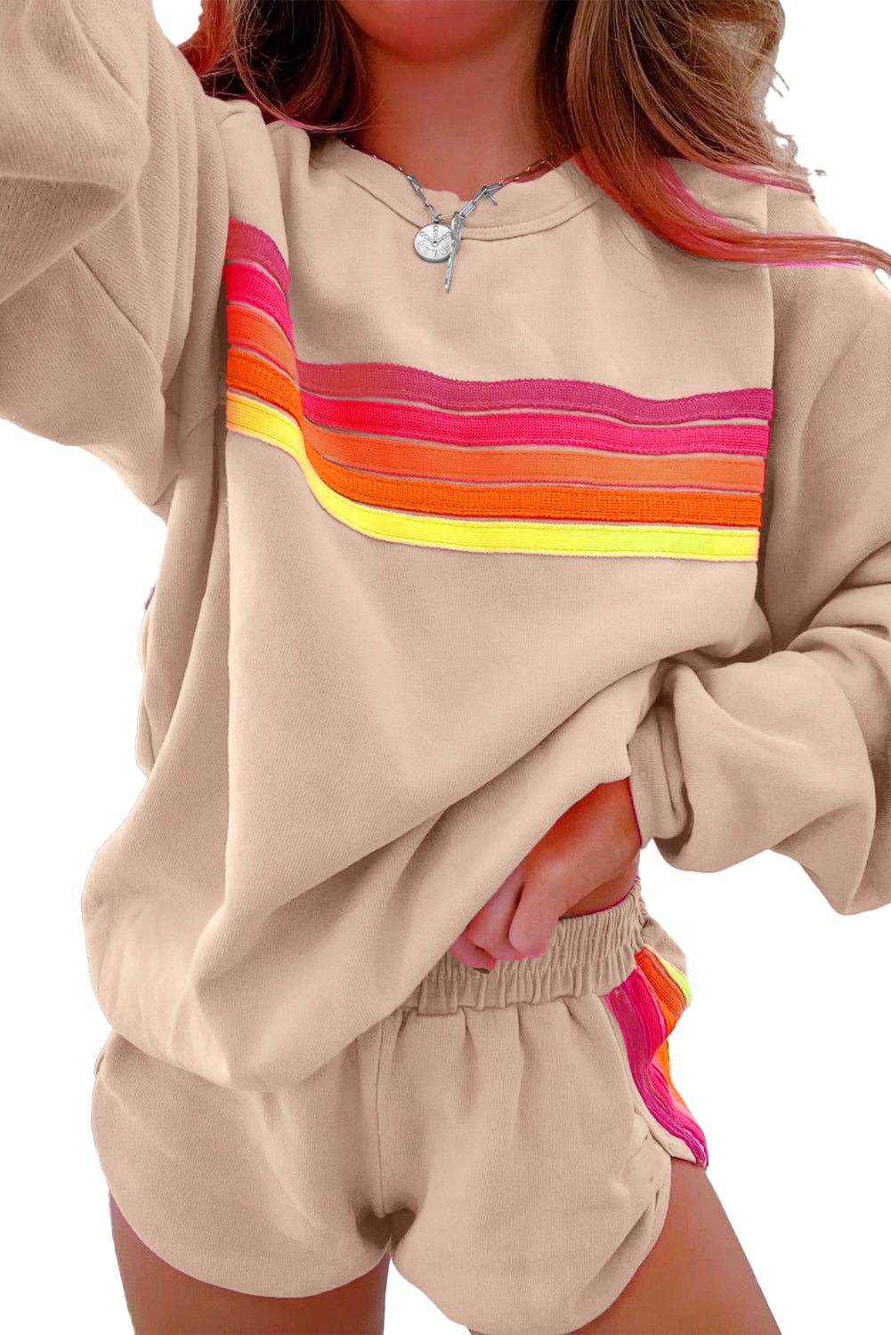 Bonbon Colorful Striped Long Sleeve Pullover and Shorts Set