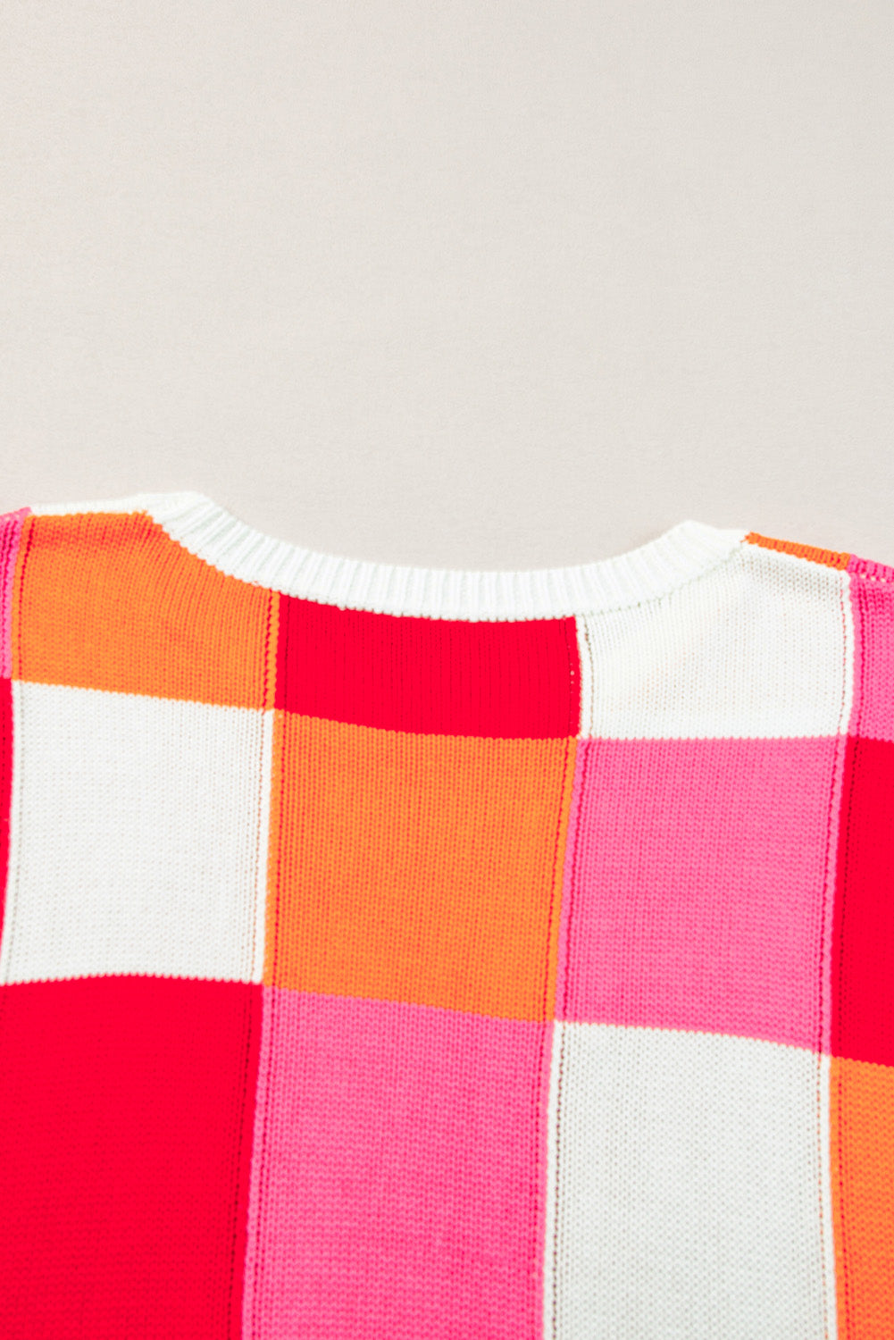 Dark Blue Checkered Color Block Cap Sleeve Knitted Top