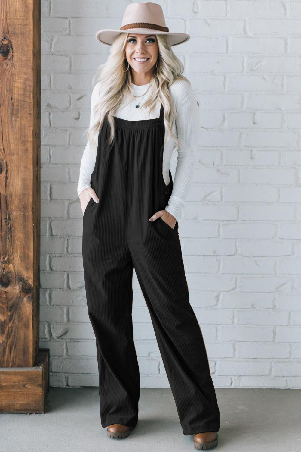 Black Plain Pocketed Loose Fit Corduroy Overalls