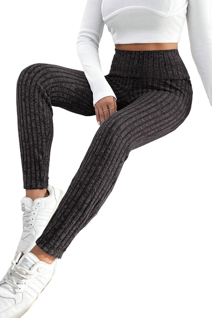 Black Wide Waistband Ribbed Textured Knit Leggings