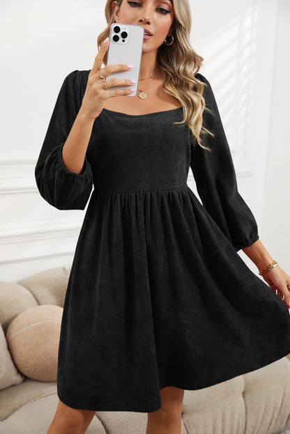 Black Washed Square Neck High Waist Flared Short Dress