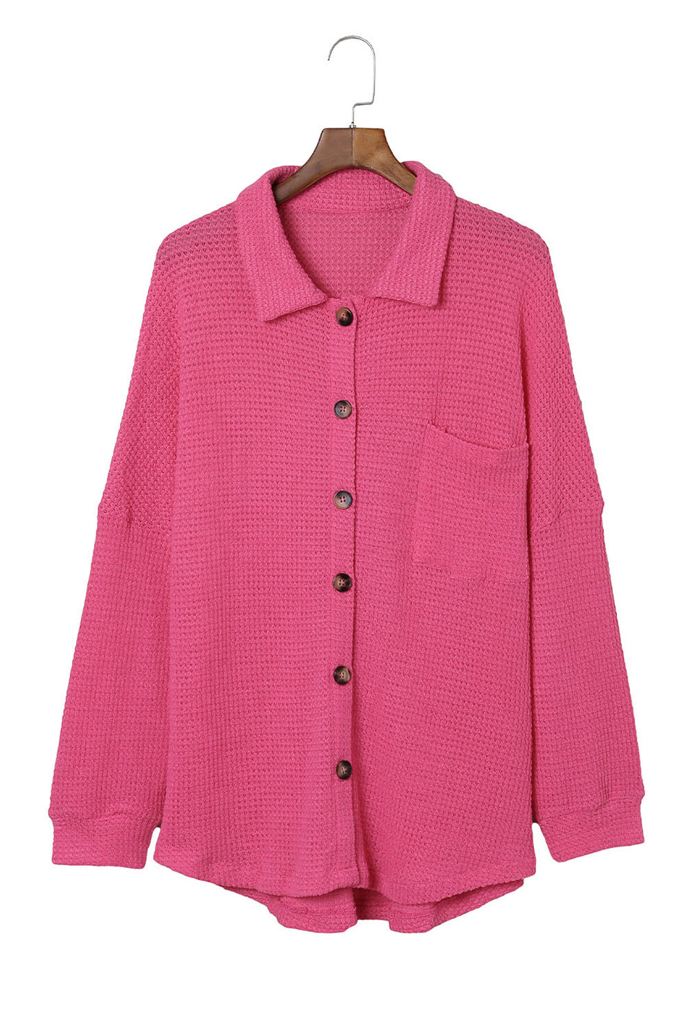 Hot Pink Pocket Buttons Front Waffle Knit Shacket