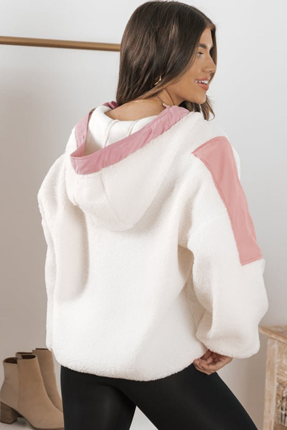 Patchwork Half Zip Oversized Sherpa Hoodie