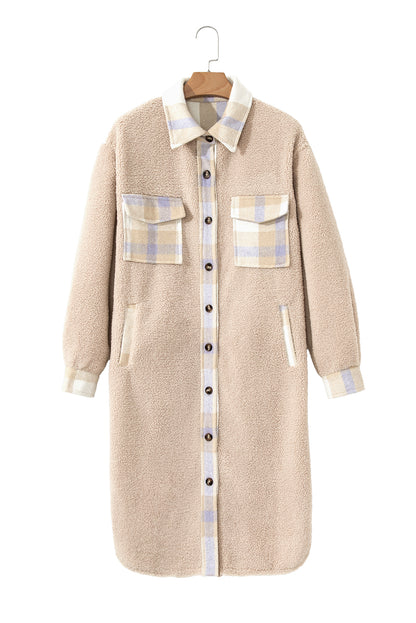 Smoke Gray Plaid Patchwork Collared Button-up Sherpa Long Coat