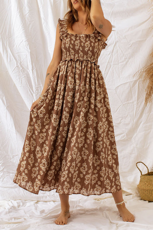 Brown Floral Print Ruffle Straps Smocked Midi Dress