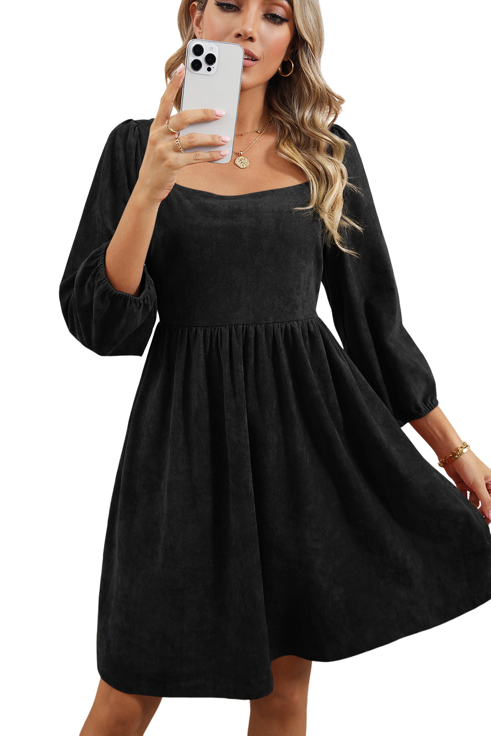 Black Washed Square Neck High Waist Flared Short Dress