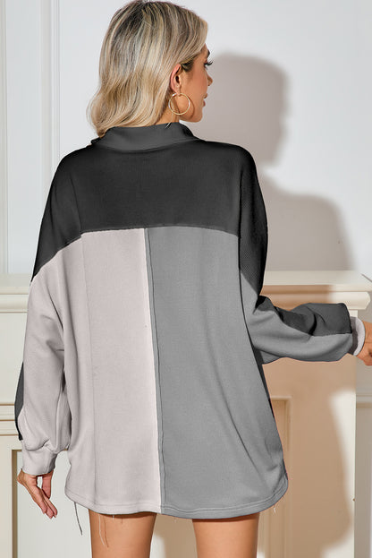 Colorblock Patchwork Ribbed Oversized Henley Sweatshirt