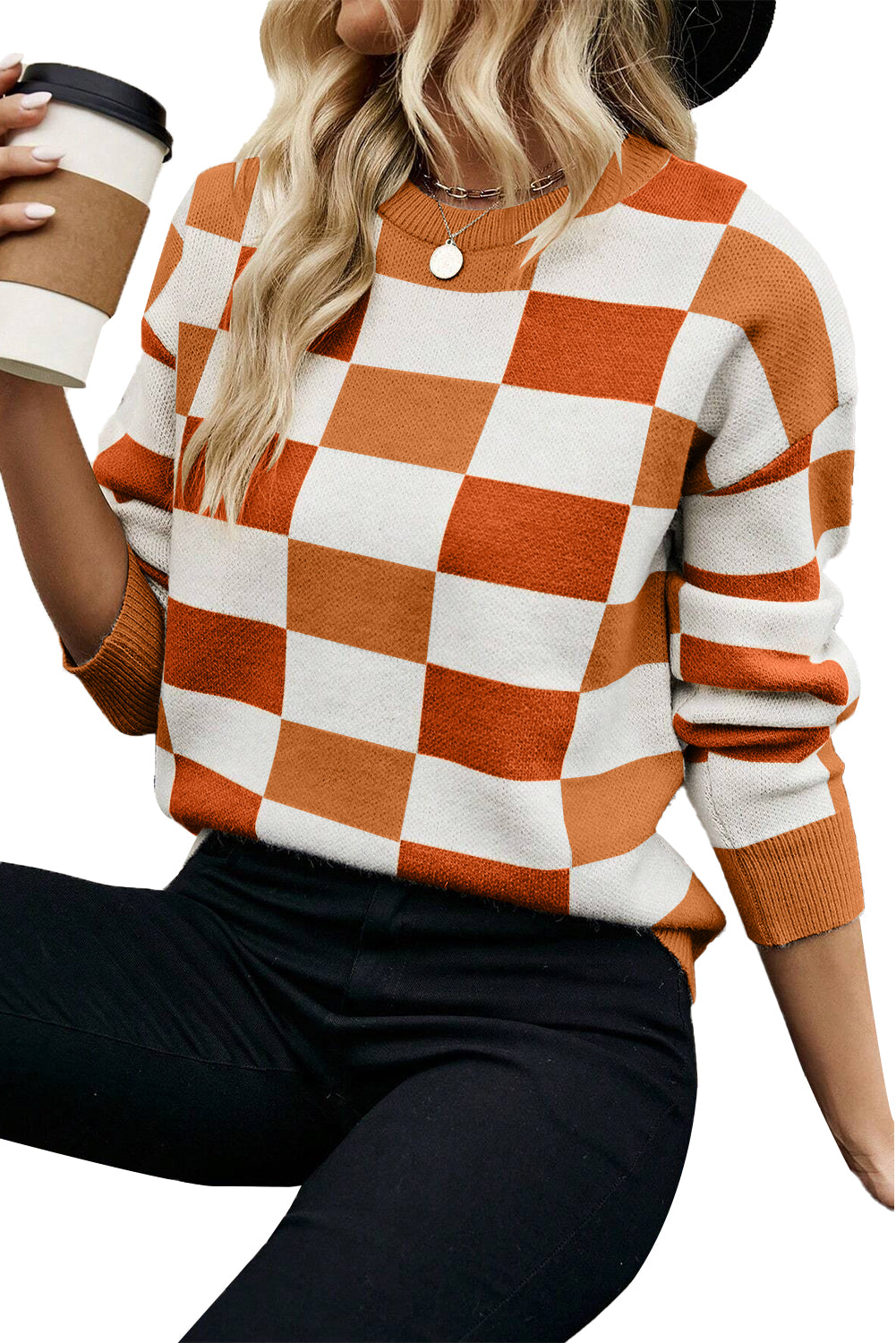 Khaki Checkered Crew Neck Drop Shoulder Knit Sweater