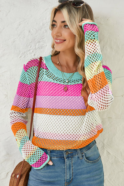 Green Colorblock Striped Hollow Knitted Top