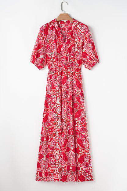 Red Paisley Slit Puff Sleeve High Waist Maxi Dress