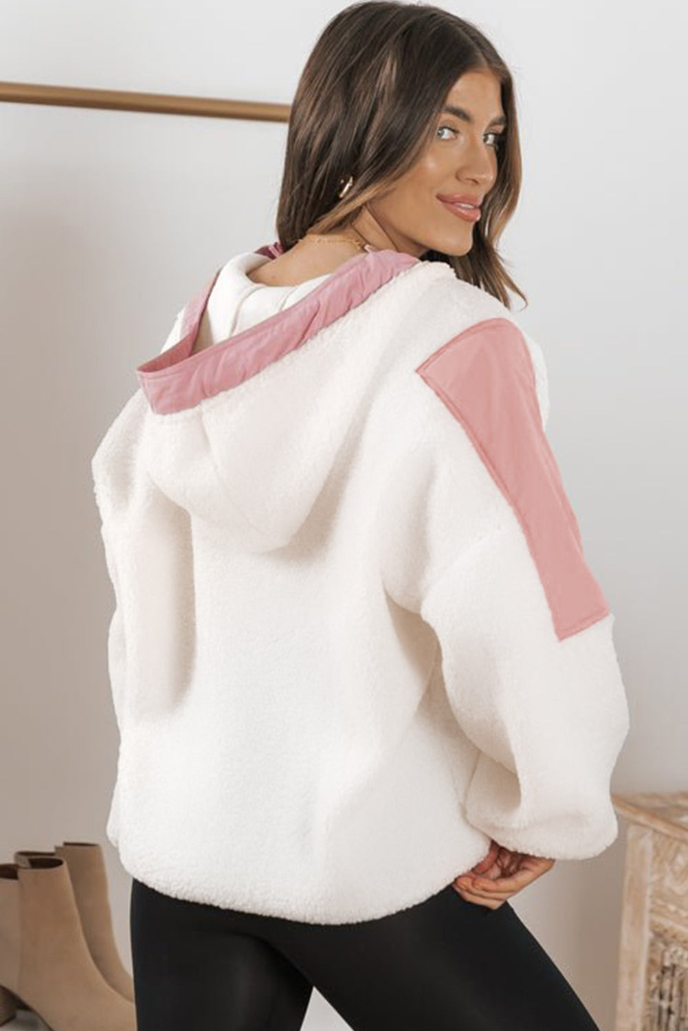 Patchwork Half Zip Oversized Sherpa Hoodie