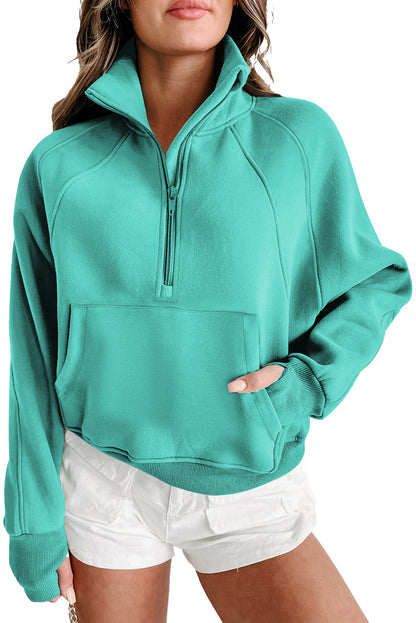 Zip Up Stand Collar Ribbed Thumbhole Sleeve Sweatshirt