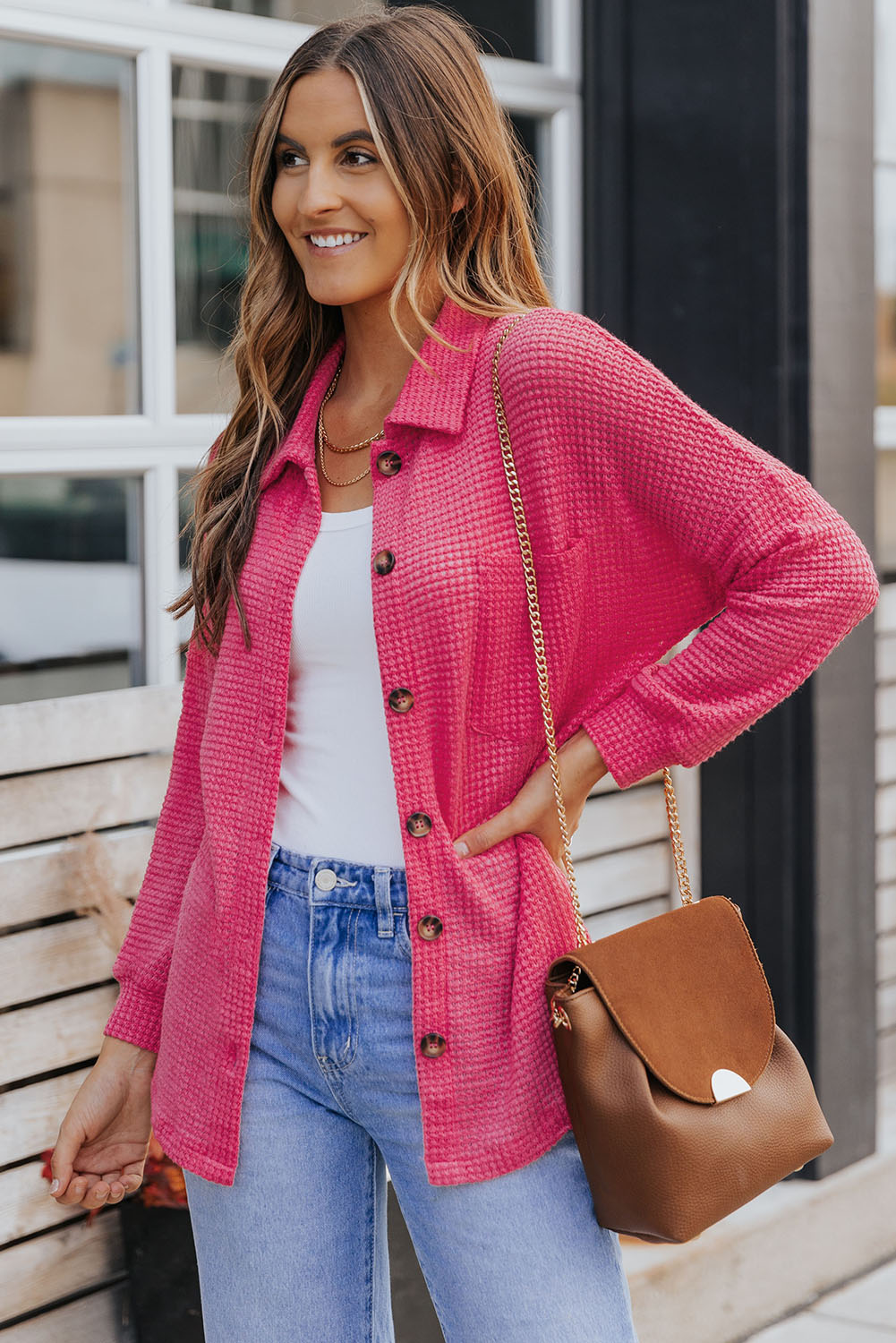 Hot Pink Pocket Buttons Front Waffle Knit Shacket