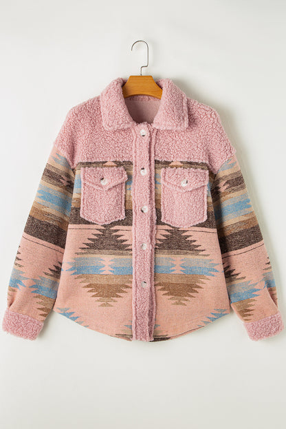 Aztec Print Sherpa Splicing Buttoned Flap Pocket Coat