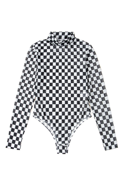 Black Checkered Print Long Sleeve Mock Neck Bodysuit