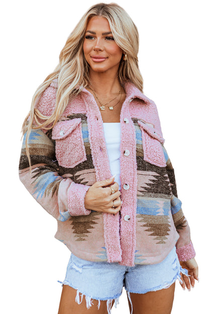 Aztec Print Sherpa Splicing Buttoned Flap Pocket Coat