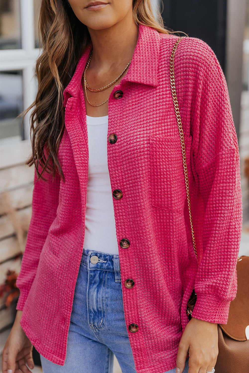 Hot Pink Pocket Buttons Front Waffle Knit Shacket