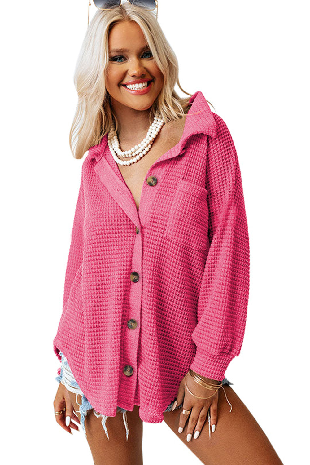 Hot Pink Pocket Buttons Front Waffle Knit Shacket