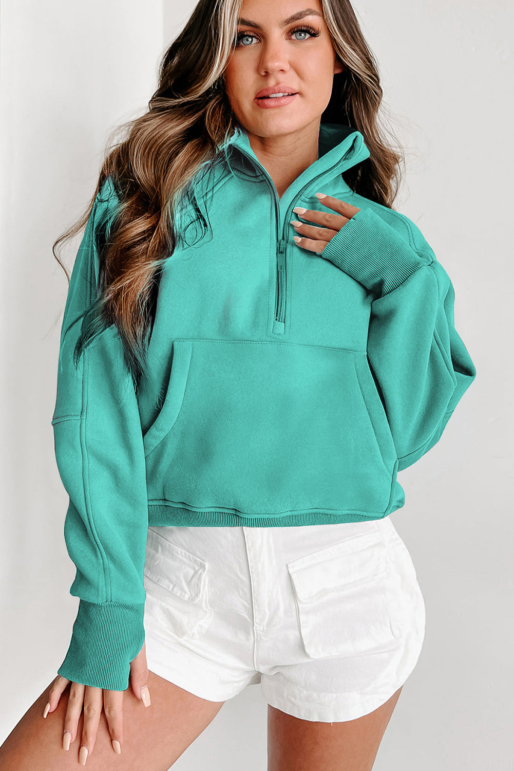 Zip Up Stand Collar Ribbed Thumbhole Sleeve Sweatshirt