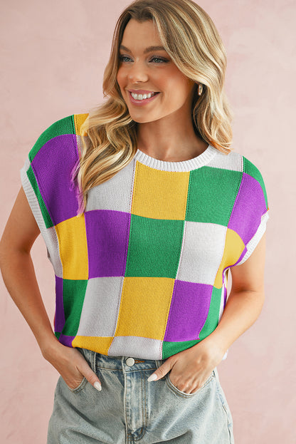 Dark Blue Checkered Color Block Cap Sleeve Knitted Top