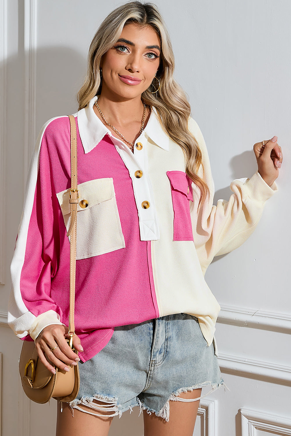 Colorblock Patchwork Ribbed Oversized Henley Sweatshirt