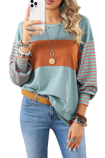 Peach Blossom Colorblock Striped Bishop Sleeve Top