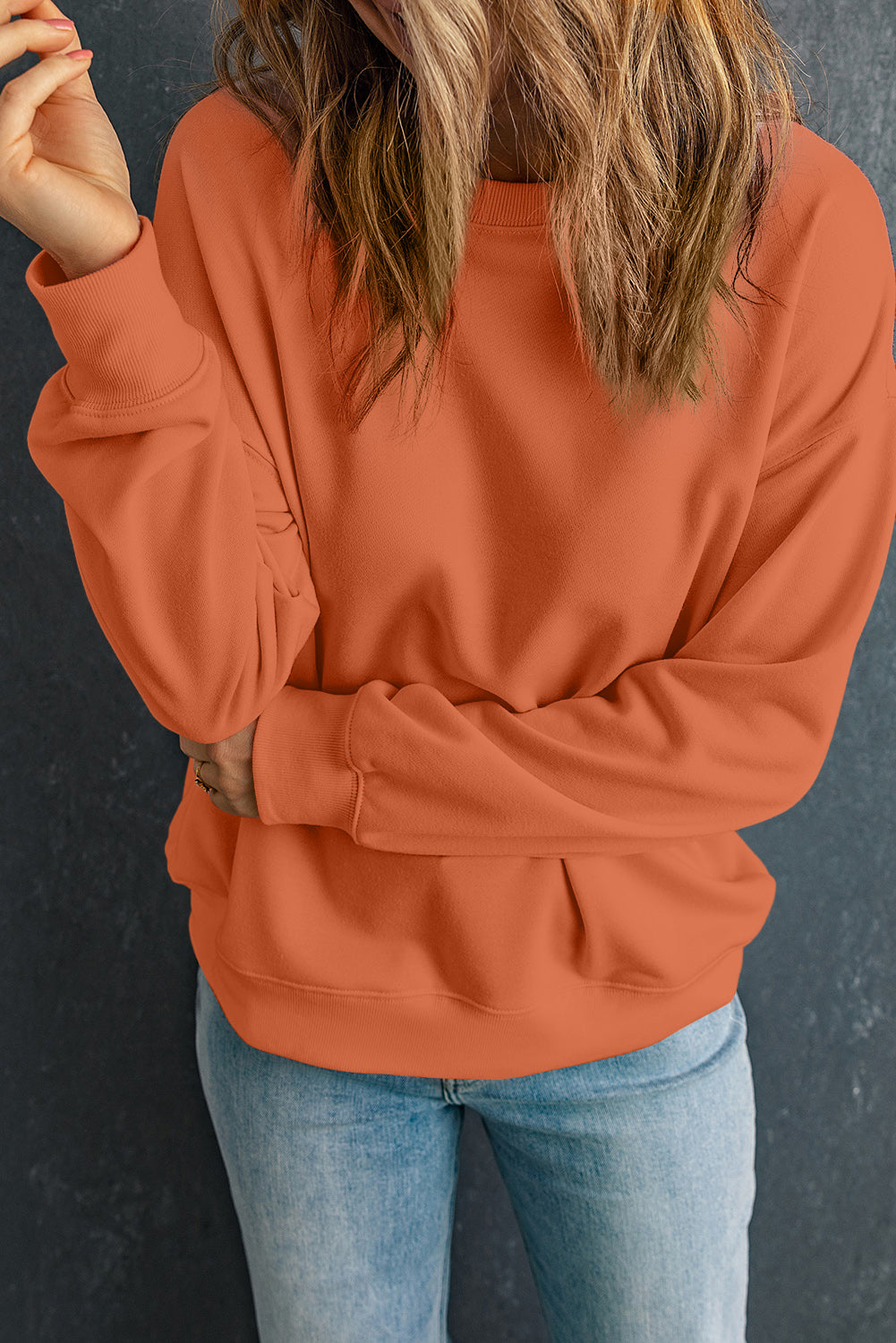 Orange Solid Color Classic Crewneck Pullover Sweatshirt